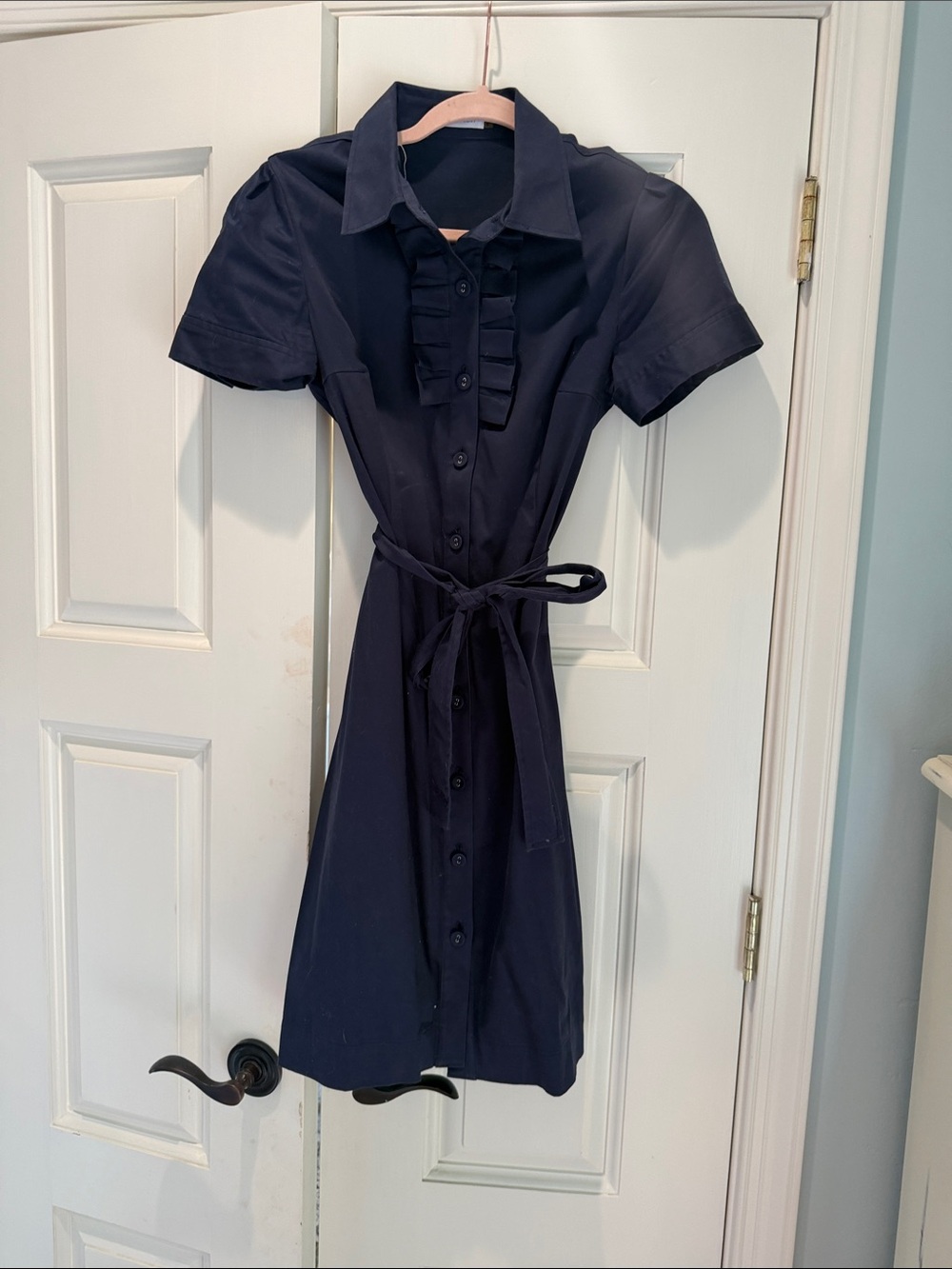 Calvin Klein Navy Short-Sleeve Button Shirt Dress with Tie